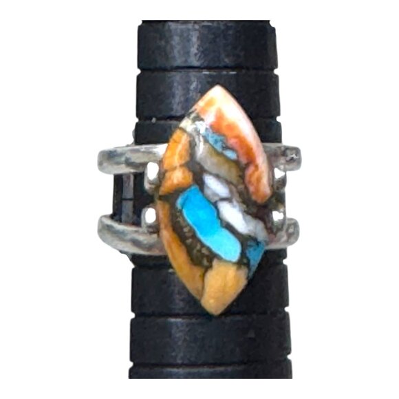 Southwestern Sterling Silver Marquise Inlay Ring Turquoise Spiny Oyster Shells 7 - Picture 6 of 9